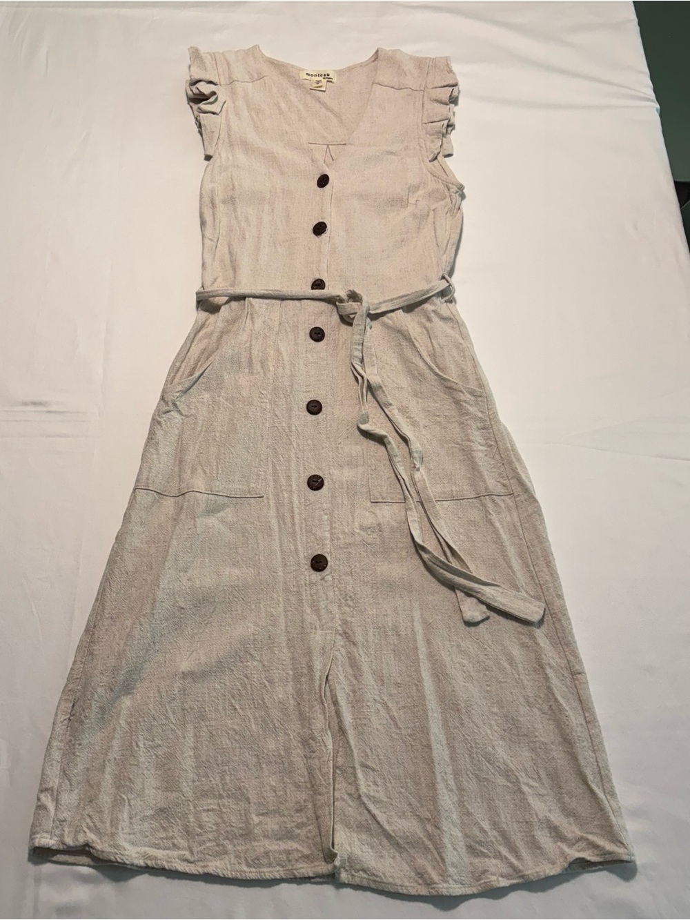 Monteau Cream Button-Front Maxi Dress with Tie Waist and Flutter Sleeves
